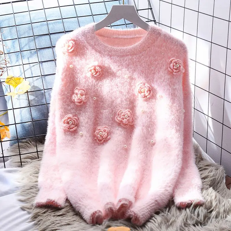 

DAYIFUN Gentle Sweaters Women O Neck Beaded Embroidery Design Knitted Pullovers Lady Loose Autumn Winter Sweet Long Sleeve Top