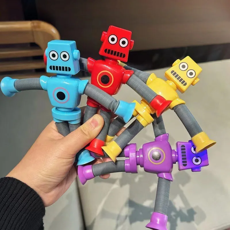 Set De 4 Robots Telescópicos Con Ventosa | Juguetes Sensoriales De Tubos Pop | Colores Amarillo, Azul, Rojo Y Morado | Alivio De Estrés Para Niños Y Adultos