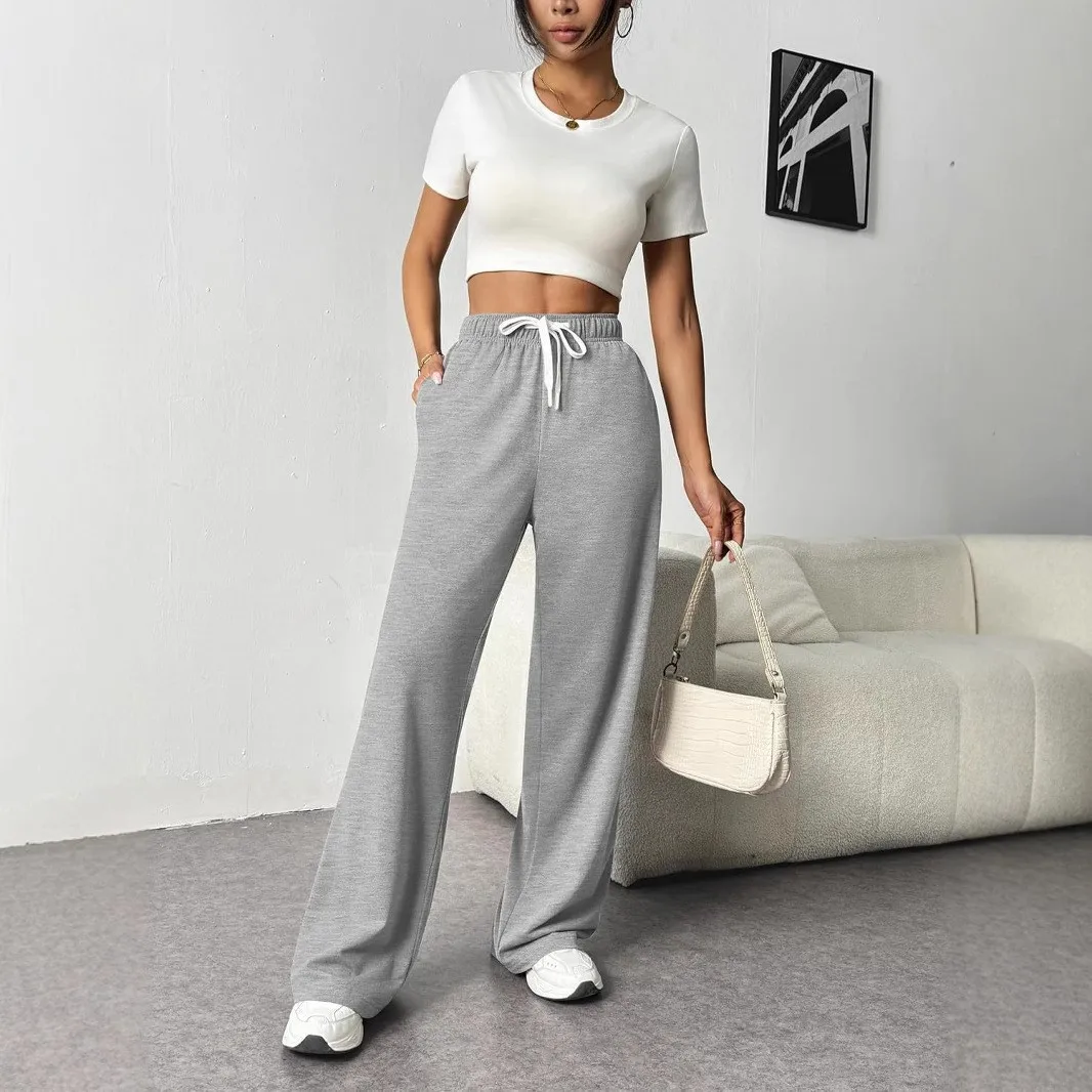 Lazy Style Wide Leg Pants with Women's Pockets Loose Drawstring Sports and Casual Floor Pants 4