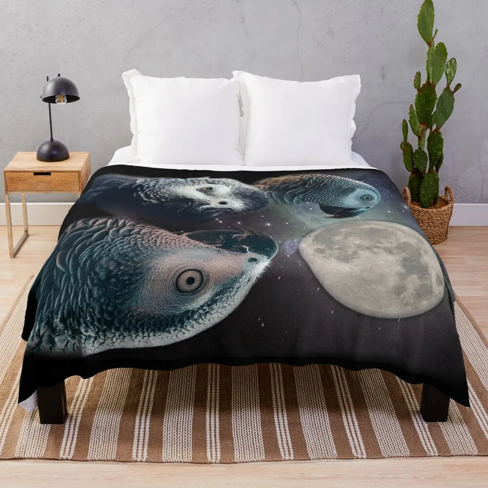 

African Grey Parrot "Three Wolves and Moon" Style Throw Blanket Beautiful Blankets Beach Blanket