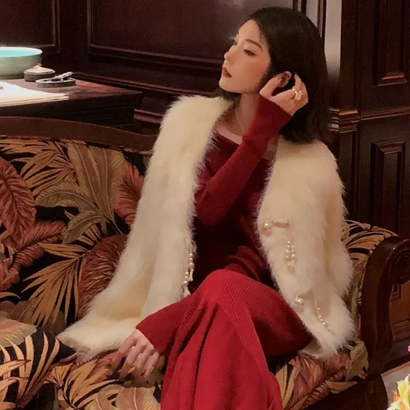 

Autumn Chinese Style Faux Fur White Coat Women Elegant Cardigan Pearl Button Coats Solid Cropped Outercoat Lady Party Outfits