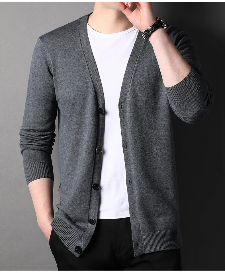 Description Picture 6 of itemNew Spring Autumn Knitted Cardigan Men Solid Color V Neck Slim Fit Sweatercoat Fashiion Casual Single Breasted Cardigan Sweaters