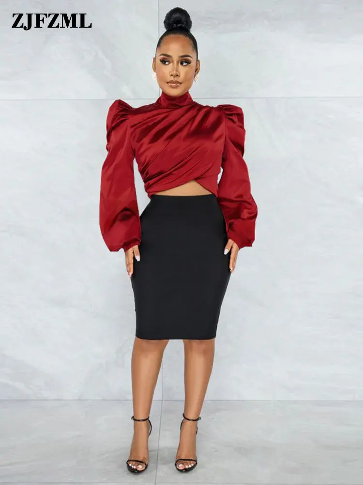 Office Ladies Women Long Puff Sleeve Shirts Luxury Turtleneck Draped Front  Cropped Blouse Elegant Fashion Solid Back Zipper Tops - T-shirts -  AliExpress