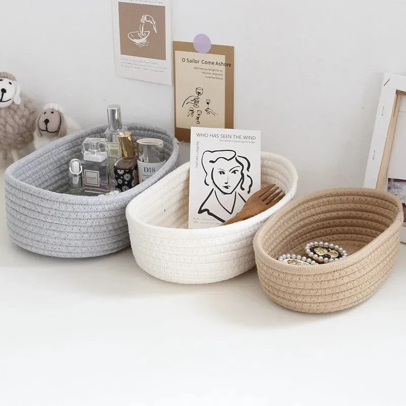 Panier de rangement de bureau, jouets, cosmétiques, boîte de rangement de papeterie de bureau, panier de rangement de fil de coton tissé à la main, panier en forme de bateau