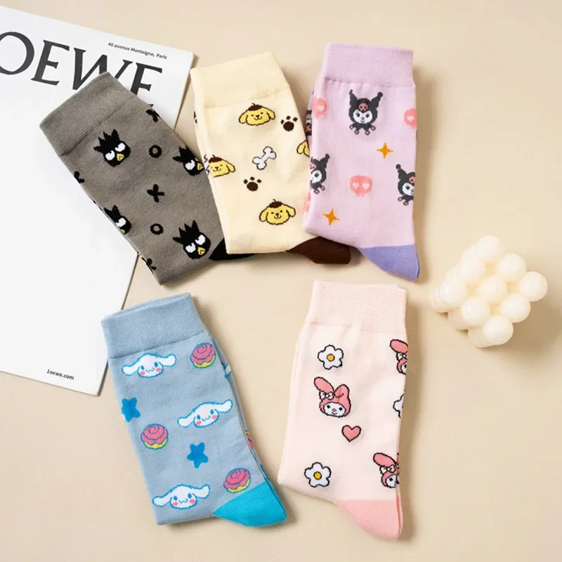 Fashion Sanrio Socks Kawaii Hello Kitty Kuromi Cinnamoroll Cartoon Kawaii Student Stockings Cute Girls Cotton Home Warm Socks