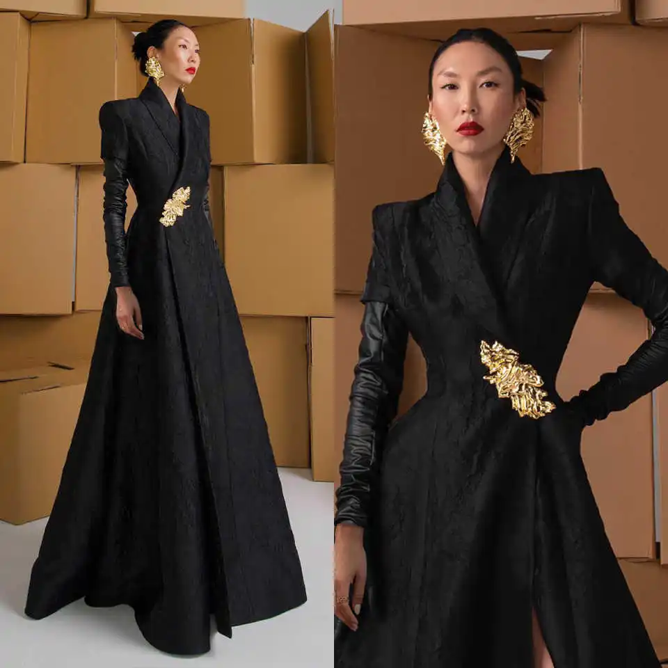 Women Long Blazer Floral Jacquard Tuxedos Shawl Lapel Lady Slim Fit Floor Length Coat Made Only Jacket