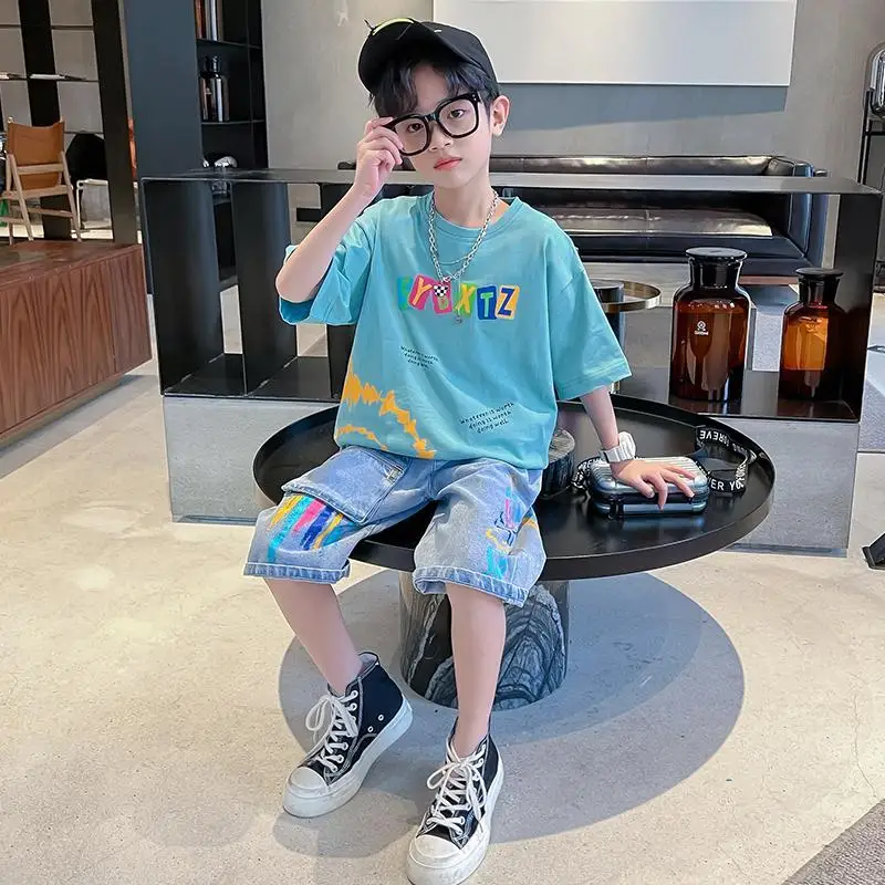 

2023 Boys New Summer Casual Suit Kids Short Sleeve T-shirt + Pants 2piece Sets Big Child Loose Sportswear Clothes 6 8 10 12 Year