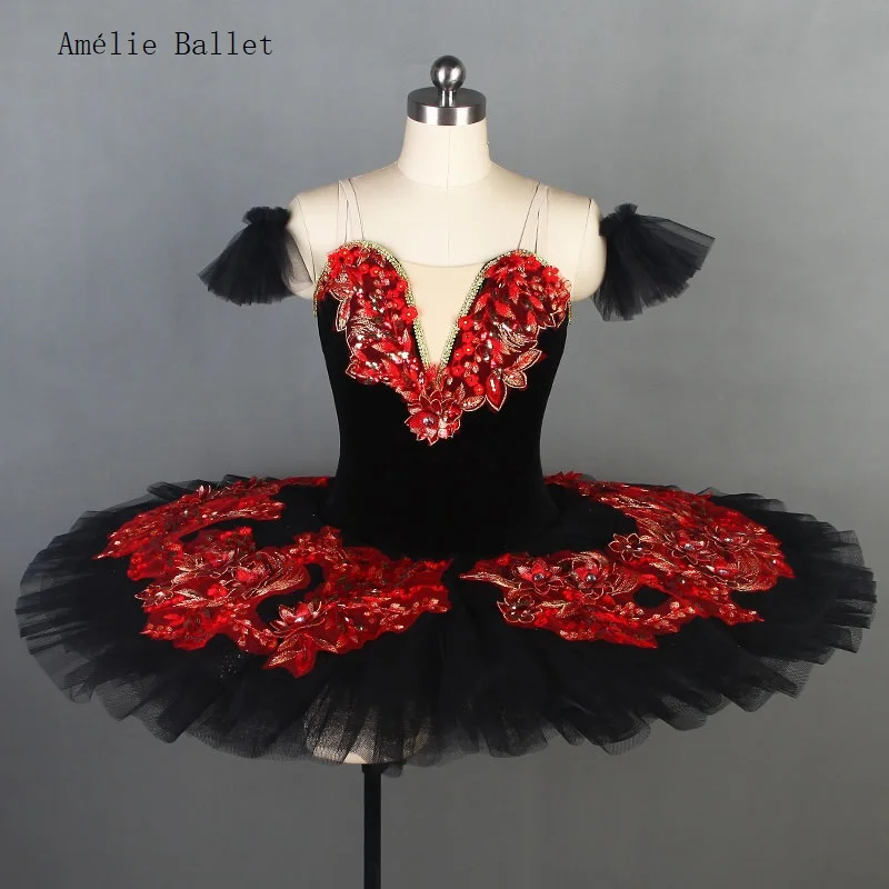 

BLL086 Black Stretch Velvet Bodice with Layers of Pleated Tulle Pancake Tutu Sparkling Giltter Tulle Professional Ballet Tutu