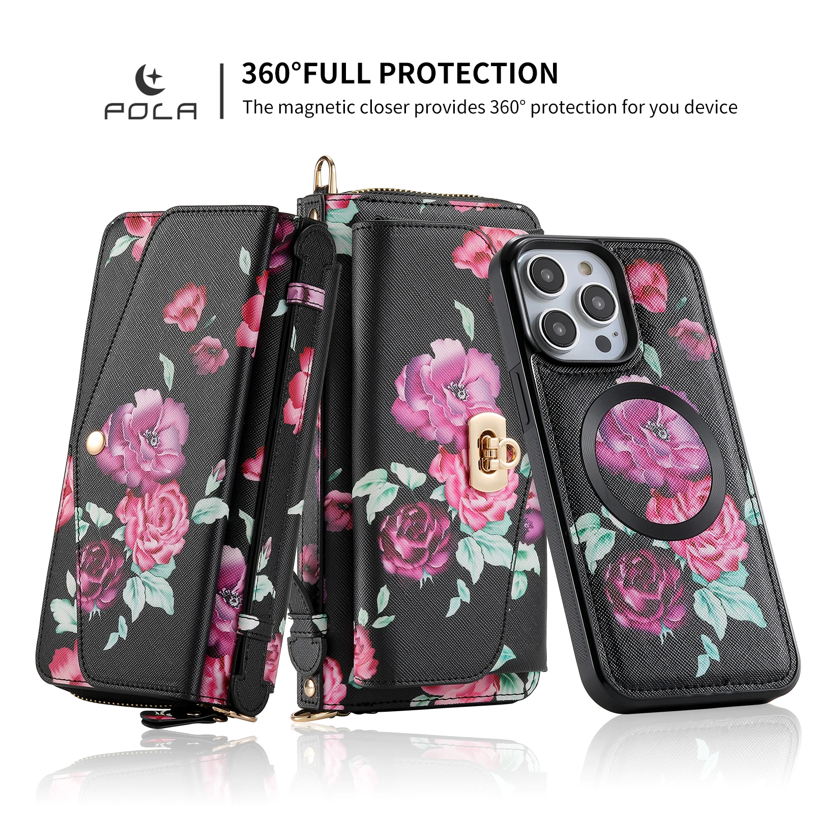 Zipper Detachable Magnetic Leather Wallet Case with MagSafe Charging Capability
