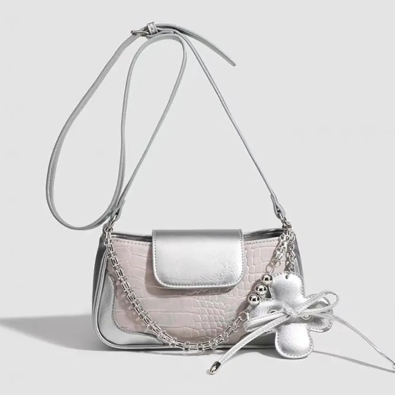 JIAERDI Sweet Cute Silver Underarm Bag For Women Summer Leather Chic Chain Shoulder Crossbody Bags Ladies Fairycore Y2k Handbag