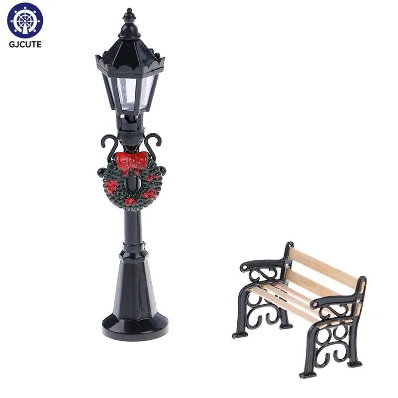 Miniature Christmas Street Lamp Post LED Lights Park Bench & Streetlight Micro Landscape Fairy Garden Ornament Dollhouse Decor 2