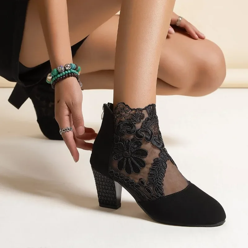 

Mesh New Women's Summer Boots Women's High Heel Sandals Pointed Toe Flocked High Heels Women's Lace Sexy Wedding Party Shoes 43