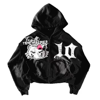 Harajuku Gothic Cartoon Hoodie Y2K Zipper Jacket Men Women Letter Embroidery Oversized Hoodie Sweatshirt Fashion Casual Clothes