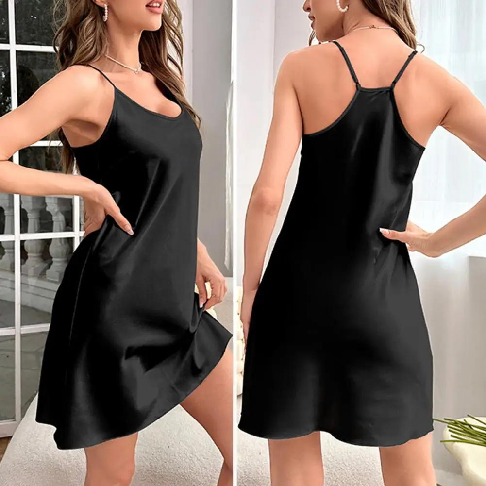 

Women Camisole Nightdress Ice Silk Satin V Neck Backless Sleeveless Off Shoulder Loose Soft Smooth Bathing Sauna Mini Bathrobe