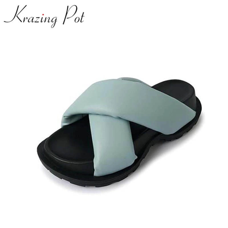 

Krazing Pot Fashion Sheep Leather Med Heels Mules Flat Platform Slingback Summer Beach Shoes Dating Women Cozy Outside Slippers