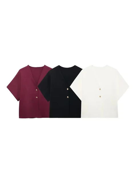 Women's Front Golden Buttons Knit Cardigan Sweater, V Neck, Wide Short Sleeves, Female Outerwear, Chic Tops, Fashion