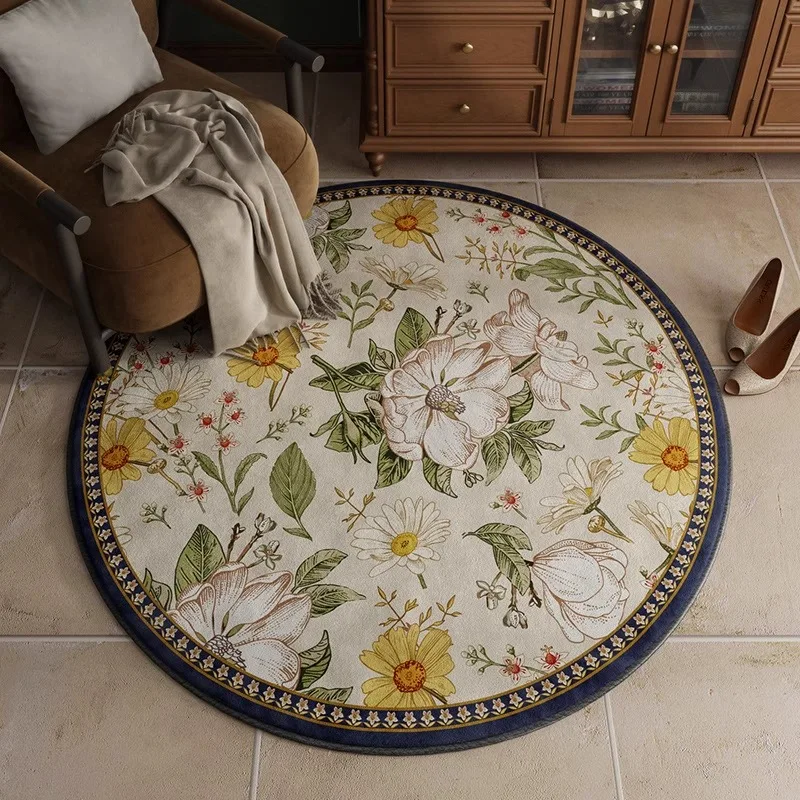 Round American Retro Living Room Carpet Large Area Floral Print Bedroom Plush Rug Luxury Sofa Coffee Table Soft Floor Mats Tapis