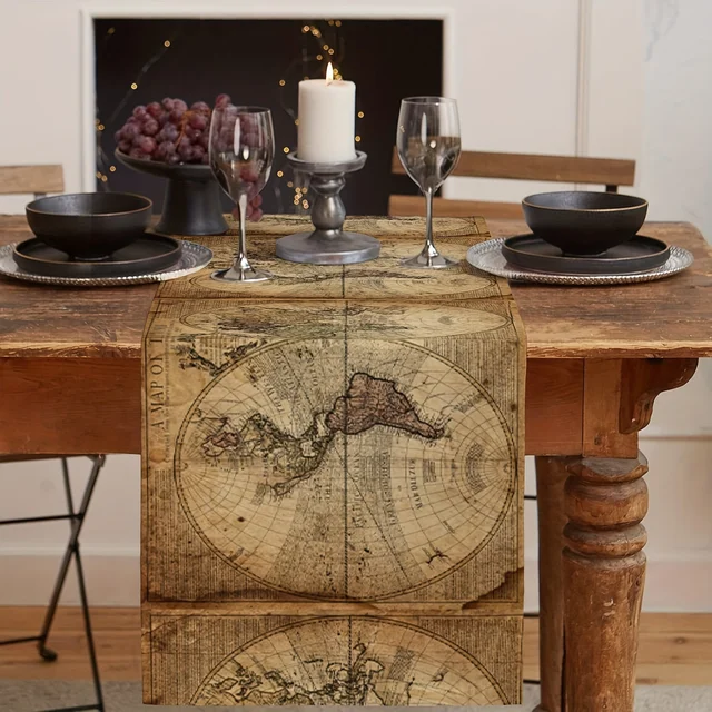 Retro Nautical Map of World Linen Table Runners - 3 SIZES! - Image 2