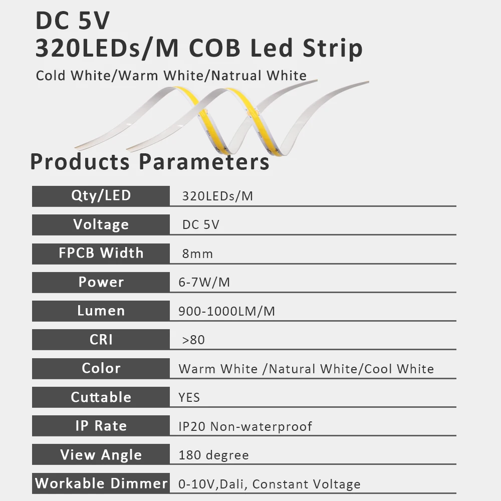 COB LED Strip Light com interruptor USB, ON e OFF Flex Ribbon, Lâmpada para Armário de Cozinha Backlight, Iluminação doméstica, DC 5V, 320 LEDs por metro, 304