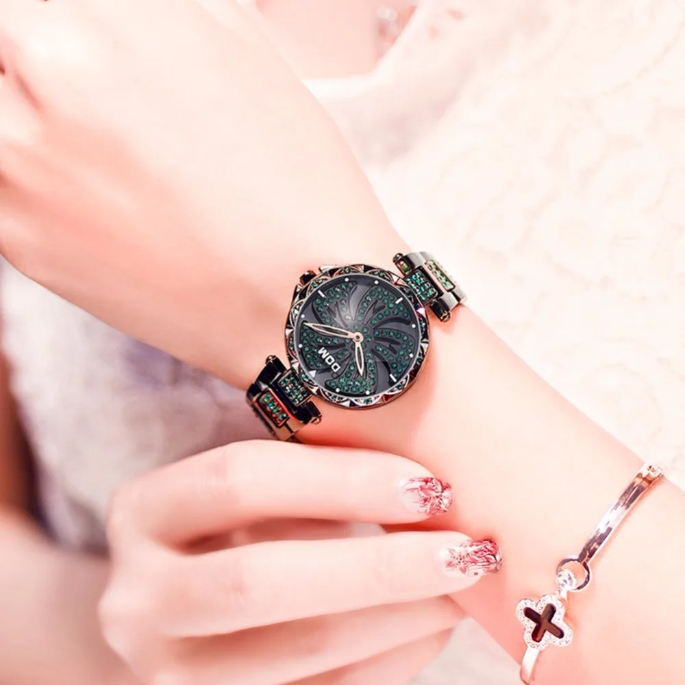 DOM Luxury Fashion Lady Watch Stainless Steel Dress Women Bling Rhinestone Watch Quartz Wrist Watches Ladies Gift G-1258BK-1MF
