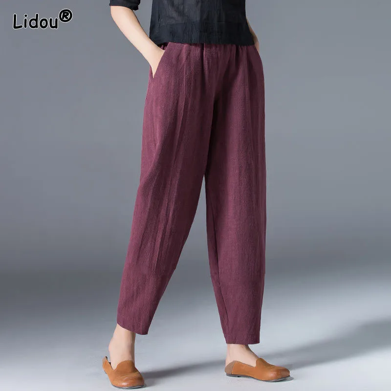 Casual Elastice Waist Blended Cotton Pockets Ankle-length Pants 2022 New Summer Women's Clothing Pants Comfortable Popularity