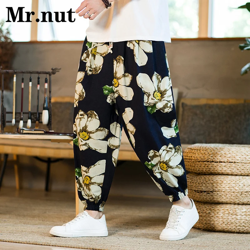 Flower Printing Slacks Cotton Linen Jogger Wide Pants Unisex Harajuku Baggy Harem Pants Men's Fashion Sweatpants Casual Trousers