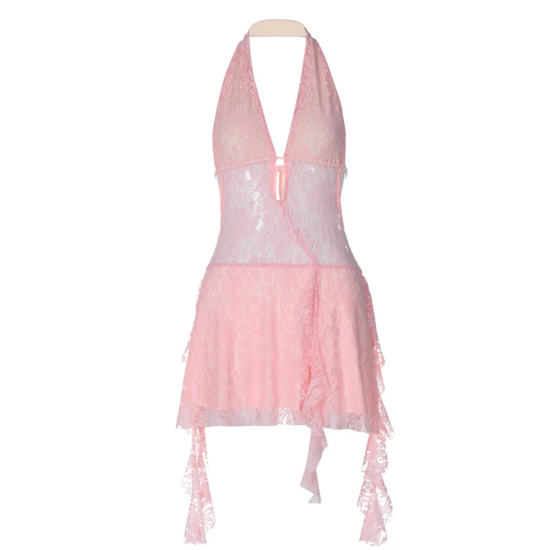 Lace Dress Women Coquette Clothes Solid Color V Neck Sleeveless Backless Ruffle Hem Bodycon Dress y2k Party Dresses 4 Lace Dress Women Coquette Clothes Solid Color V Neck Sleeveless Backless Ruffle Hem Bodycon Dress y2k Party Dresses