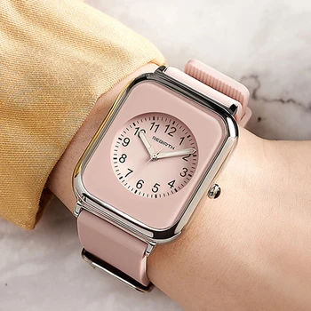 Square Rubber Watch Band Wrist Watches Pink for Ladies Wrist Watches Quartz 34mm 1