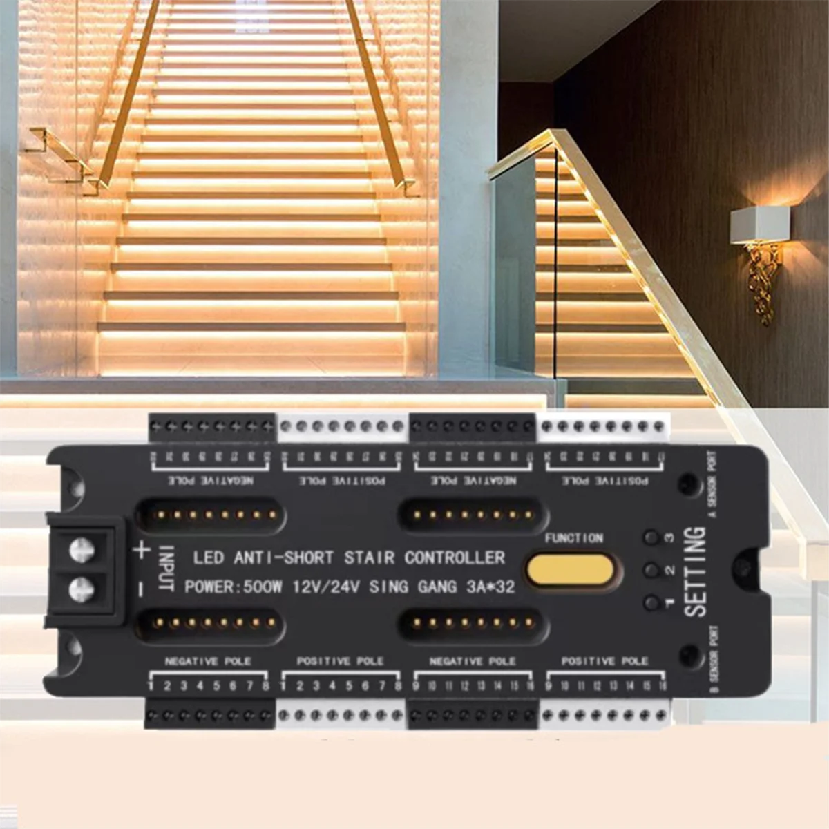 Stair LED Motion Sensor Controller 32 Channel Dimming Indoor Night Lighting 12V/24V LED Tape Step Staircase Controller