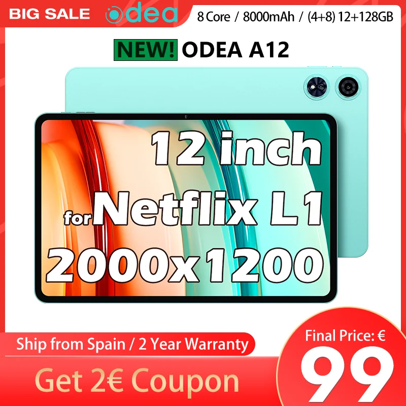 New】Odea A12 Tablet, 12 Inch Tddi 2K 2000X1200, Android 14, (4Gb+