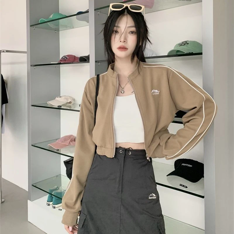 MEXZT Streetwear Women Vintage Cropped Zip Up Sweatshirt Fashion Casual Loose Long Sleeve Outwear Korean Lady Spring  Clothes