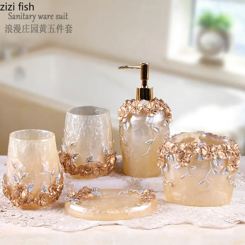 Fashion Bathroom Supplies Resin Five-piece Washbasin European Bathroom Supplies Toothpaste Storage Box Tissue Box bathroom accessories