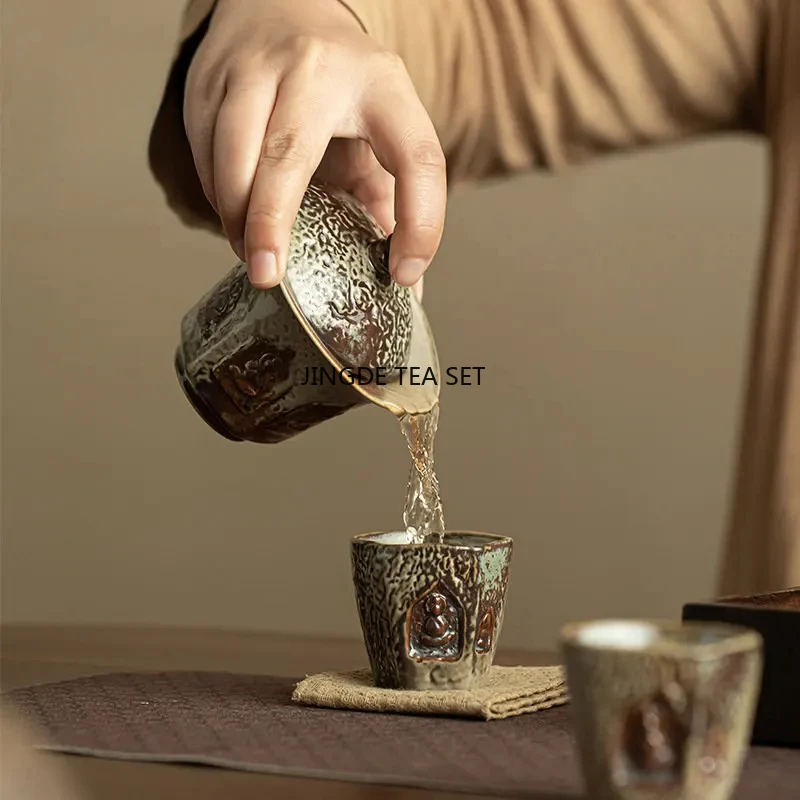 150ml rough pottery vintage Dunhuang handmade covered bowl large tea cup Kung Fu tea set container