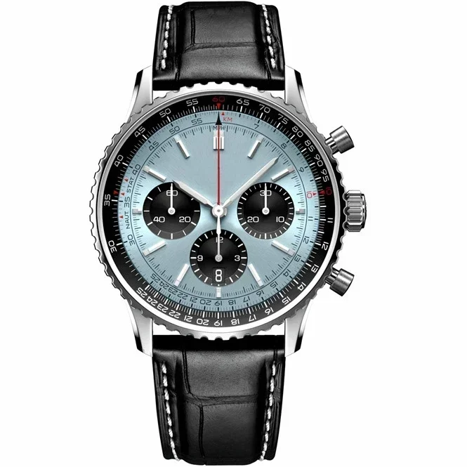 

Luxury New Mens Quartz Watch Chronograph Aviation Pilots Watches Stainless Steel Black Leather Green Blue With Date 47mm