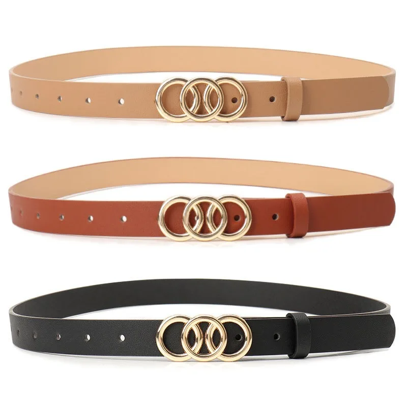 Korean Style Triple-Loop Buckle Belt for Women - Adjustable Waistband for Jeans & Outerwear, Ins Fashion Minimalist Accessory