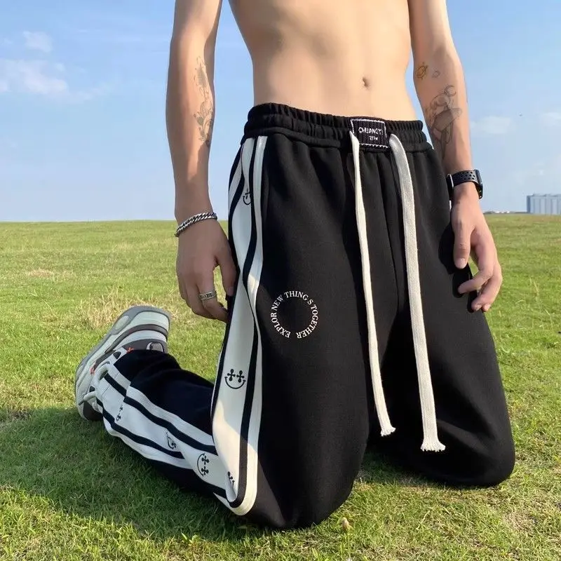 American Vintage Patchwork Contrasting Sports Pants Men's Autumn Print Drawstring Trend Versatile Loose Straight Casual Trousers