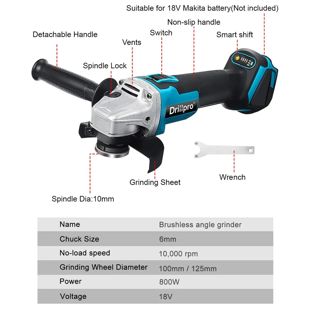 Drillpro-amoladora angular sin escobillas, disco de corte de madera de impacto eléctrico inalámbrico de 4 velocidades, potencia de batería, 125mm, 18V, 10000RPM