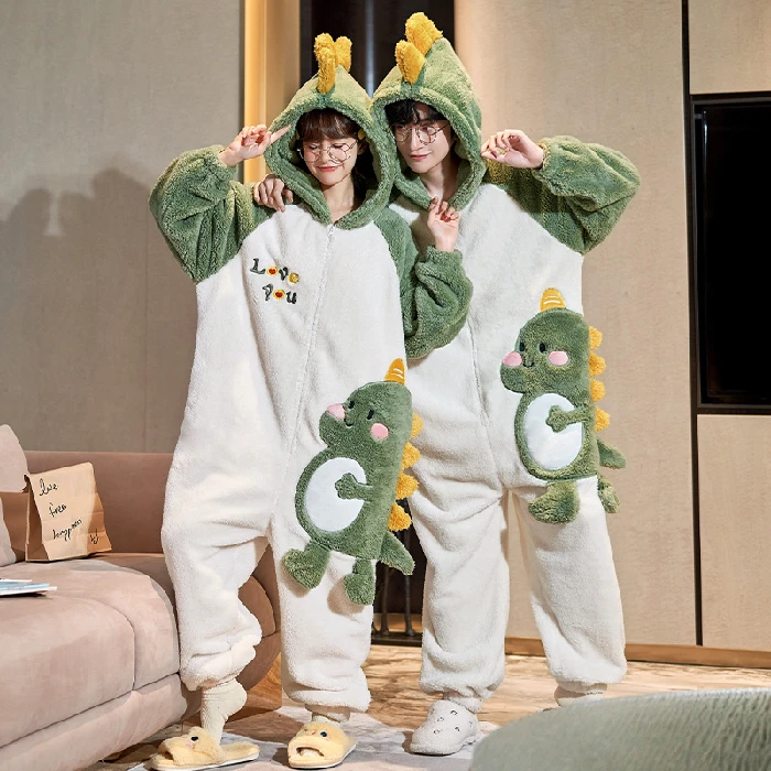 Kigurumis Dinosaur Women Men Pajama Winter Warm Sleepwear Couples Pajama  Onesie Thicken Jumpsuits Cute Cartoon Onesie KawaiI - AliExpress