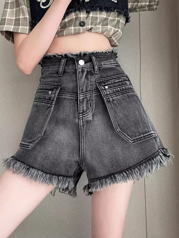 New Women Summer American Retro Shorts Fashion High Waist A-Line Ragged edge Denim Shorts Casual Vintage Blue Thin Shorts