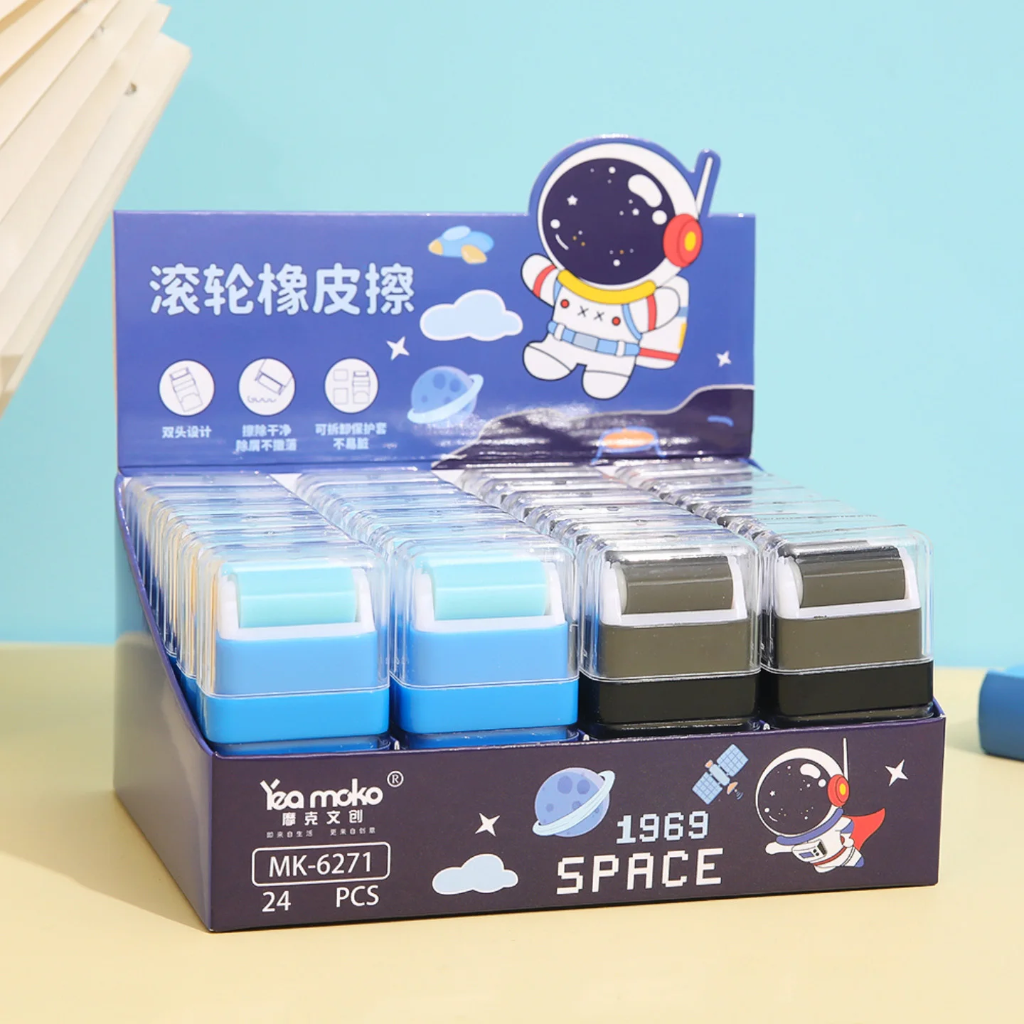 

24 pcs/lot Kawaii Astronaut Roller Eraser Cute Writing Drawing Rubber Pencil Erasers Stationery For Kids Gifts school suppies