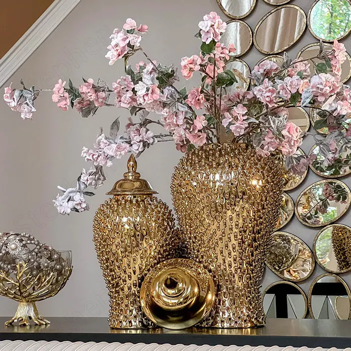 Classic Gold Large Ceramic Vase European Relief Iving Room Floor Vase Home  Decoration Ornament Gold Plating Process Flower Vases