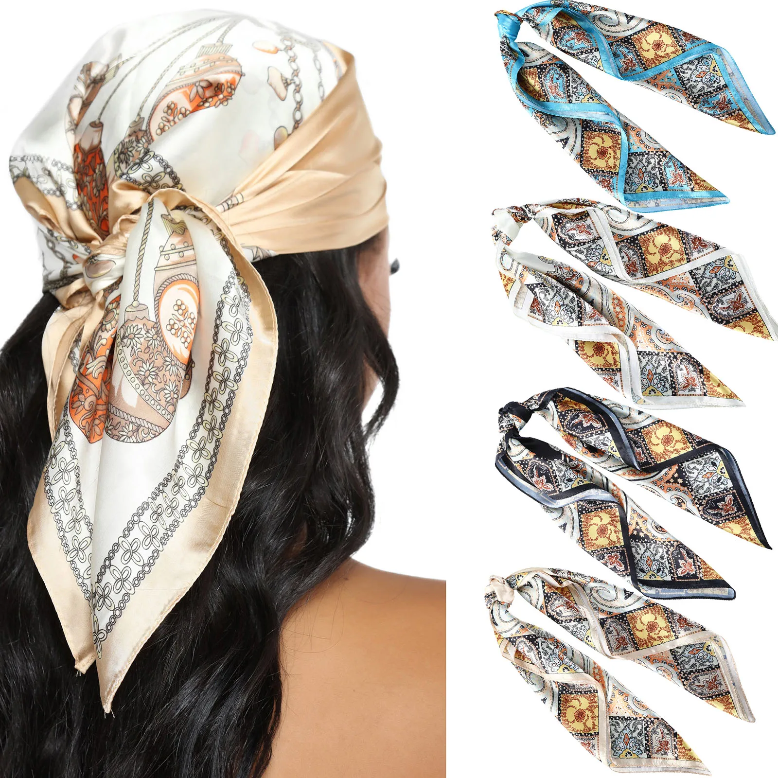 60*60CM knihtisk bandanas vlasy kapel pro dívčí ženy hranatý satén šála móda turban čelenka nový vintage vlasy příslušenství