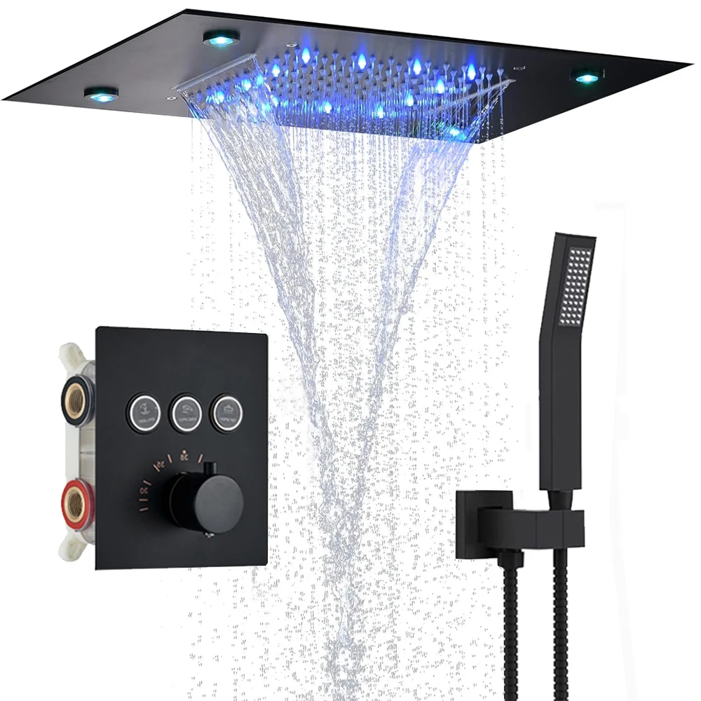 Ensemble de système de douche de pluie thermostatique à affichage numérique, pomme de douche de plafond LED à cascade de 14X20 pouces avec douchette à main