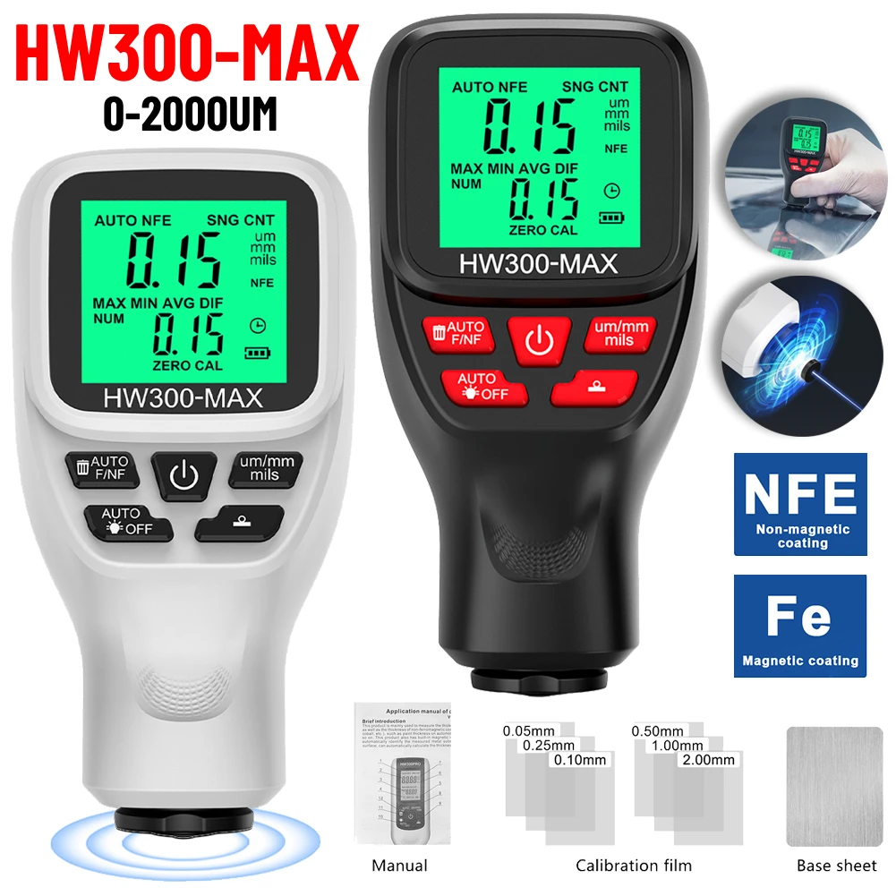 HW300-MAX Car Paint Film Automatic Car Thickness Gauge 0-2000UM Fe & NFe Coating Thickness Tester Manual Automotive Paint Tools Paint Coating Meter Paint Thickness Gauge Thickness Gauge