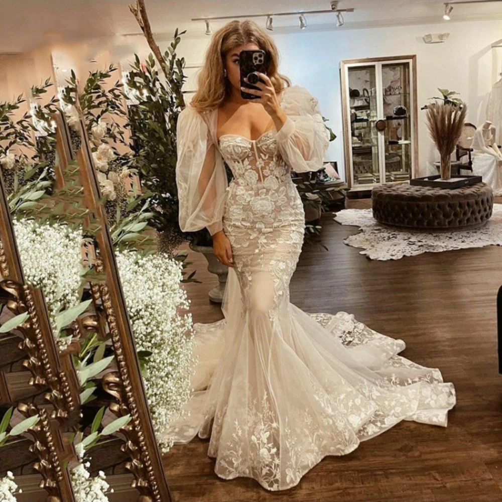 

Elegant Mermaid Puff Sleeve Sweetheart Neck Boho Bride Dresses With 3D Lace Wedding Gown vestido de novia