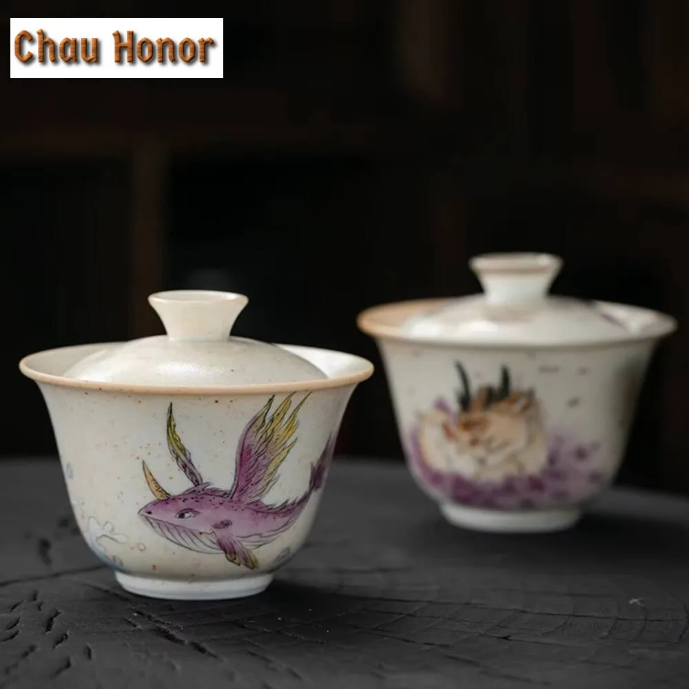 150ml Japanese Wood-fired Porcelain Gaiwan Soda Glazed Hand-painted Tea Tureen Household Handmade Tea Making Cover Bowl Cha Gift
