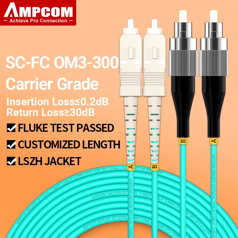 

AMPCOM OM3 SC to FC UPC Fiber Optical Patch Cable Multimode Duplex MMF 50/125μm 10Gbps Bend Insensitive 2.0mm Fiber Optic Cord