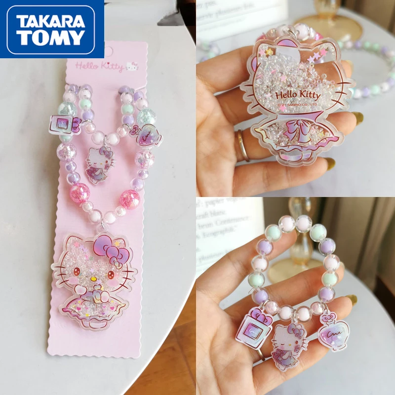 

TAKARA TOMY Cartoon Hello Kitty Vibrating Glowing Children's Pendant Necklace Pink Sweet Kawaii Beaded Bracelet Kids Toy Set