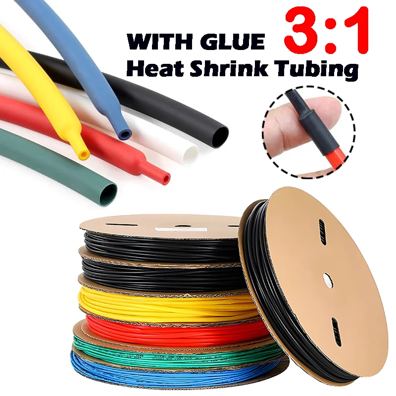 10/50/100M 200 เมตร 3:1 ท่อหดความร้อนสีดําพร้อมกาว Polyolefin หดตัวอัตราส่วนสารพันกาวสายไฟ Sleeving ท่อ 1