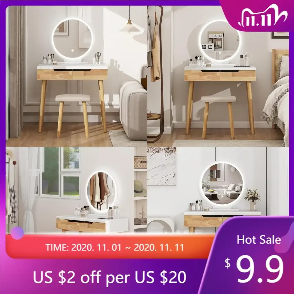 compact illuminated vanity desk with adjustable mirror for efficient space utilization